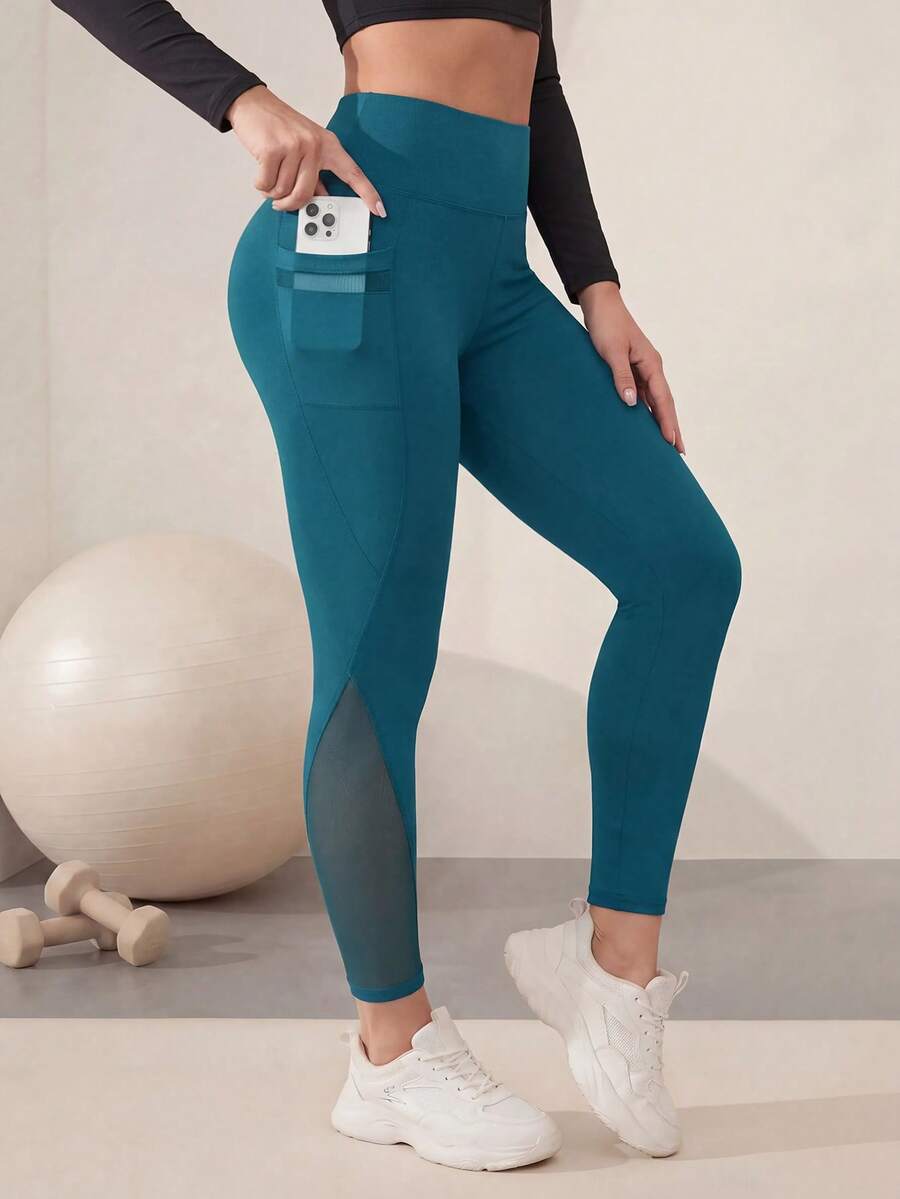 Easithlete Easithlete Mesh Pocket Patchwork Yoga Leggings - Teal Blue - View 1