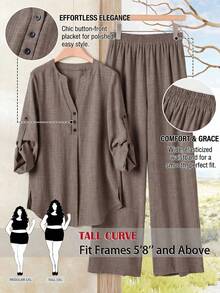 SHEIN Tall CURVE 大尺碼女款高個巧克力棕色兩件套 純色收口袖襯衫＋寬腿長褲 簡約休閒傳統秋季度假套裝 - 棕色 - 查看 9