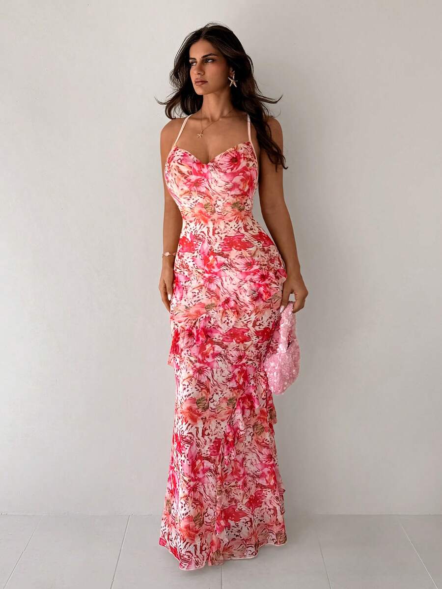 Sirith Women's Cross Strap Cowl Neck Ruffle Vintage Floral Print Cinched Waist Mesh High Elastic Ruffle Vacation Elegant Date Party Pink Dress - Pink - View 1