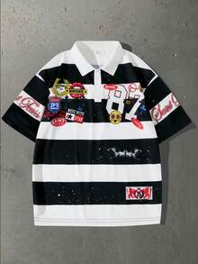 ROMWE MEN Street Life Teen Boy Colorblock Letter & Number Print Casual Everyday Short Sleeve T-Shirt - Black and White - View 1
