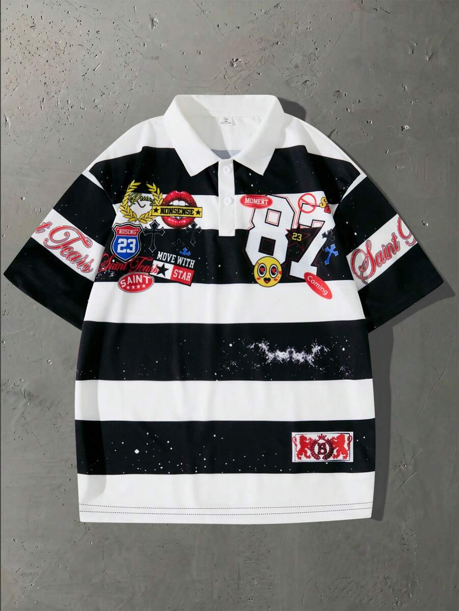 ROMWE MEN Street Life Teen Boy Colorblock Letter & Number Print Casual Everyday Short Sleeve T-Shirt - Black and White - View 1