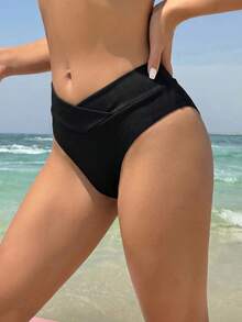 Swim Vcay Women's Summer Beach Solid Color Asymmetrical Waist Bikini Bottom - Black - View 4