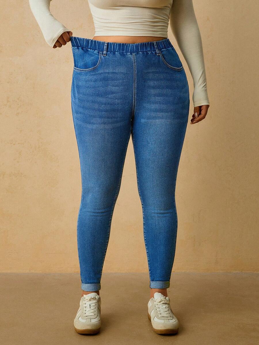 SHEIN ICON 大尺碼休閒百搭彈性腰口袋修身牛仔褲 - 藍色 - 查看 1