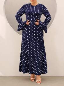 Graceveil Elegant Navy Blue High Neck Flared Sleeve Cinched Waist Mermaid Dress Office Evening Spring - Royal Blue - View 5