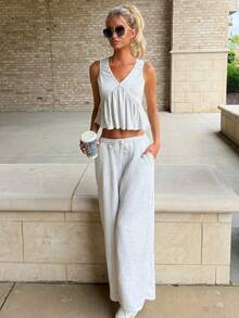 Sydney Algeri Women's V-Neck Sleeveless Top And Pants Set, Summer New Arrival,Work Outfits For Women Elegant - Grey - View 4