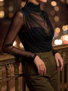 Editum Women's Sexy Sheer Long Sleeve High Neck Top, Elastic Mesh Ruched Design, Suitable For Evening Night Out, Date, Work And Daily Wear, Black Autumn// - Black - View 6