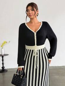 Firerie Plus Size Colorblock Striped Patchwork Knit Dress - Multicolor - View 4