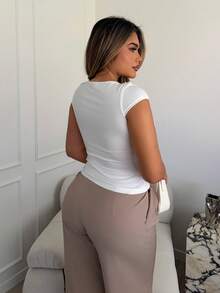 Maria Perezxox Damen Sommer Mode Kontrast Spitze Einfarbig Slim Fit V-Ausschnitt T-Shirt Lässig - Weiss - Übersicht 2