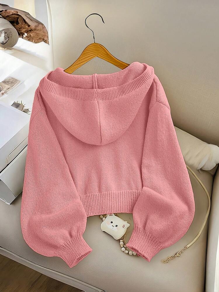 SHEIN Elladie kids Girls' Fashion Casual Fresh Short Solid Color Autumn/Winter Hooded Knit Cardigan Sweater - Pink - View 2