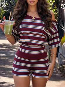 SHEIN PariChic Women's Spring/Summer New Casual Outing Maillard Striped Asymmetrical Shoulder Waist-Defining T-Shirt And Shorts Set - Multicolor - View 1