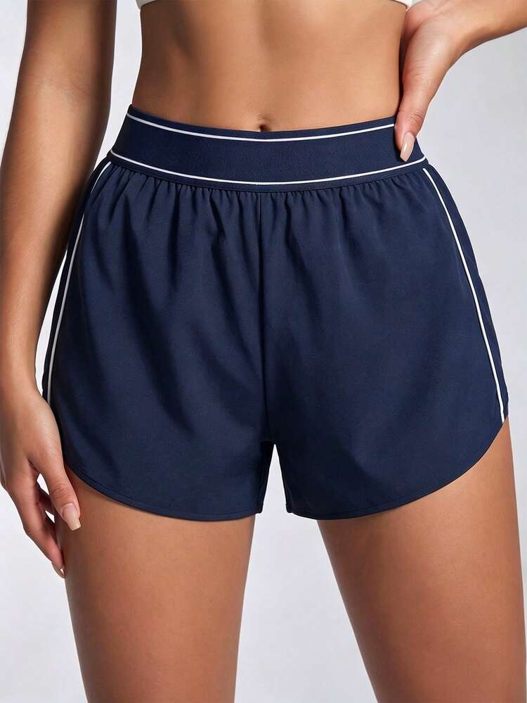 CourtClass CourtClass Women's Spring/Summer Sports Shorts, Black Loose Fit, 2 In 1 Design, Contrast Color Stripes, High Elastic Waistband, Side Contrast Color Stripe Patchwork, Detachable Inner Lining And Pockets, Suitable For Casual Wear, Running, Yoga, Gym, Tennis, Golf, Cycling - Navy Blue - View 3