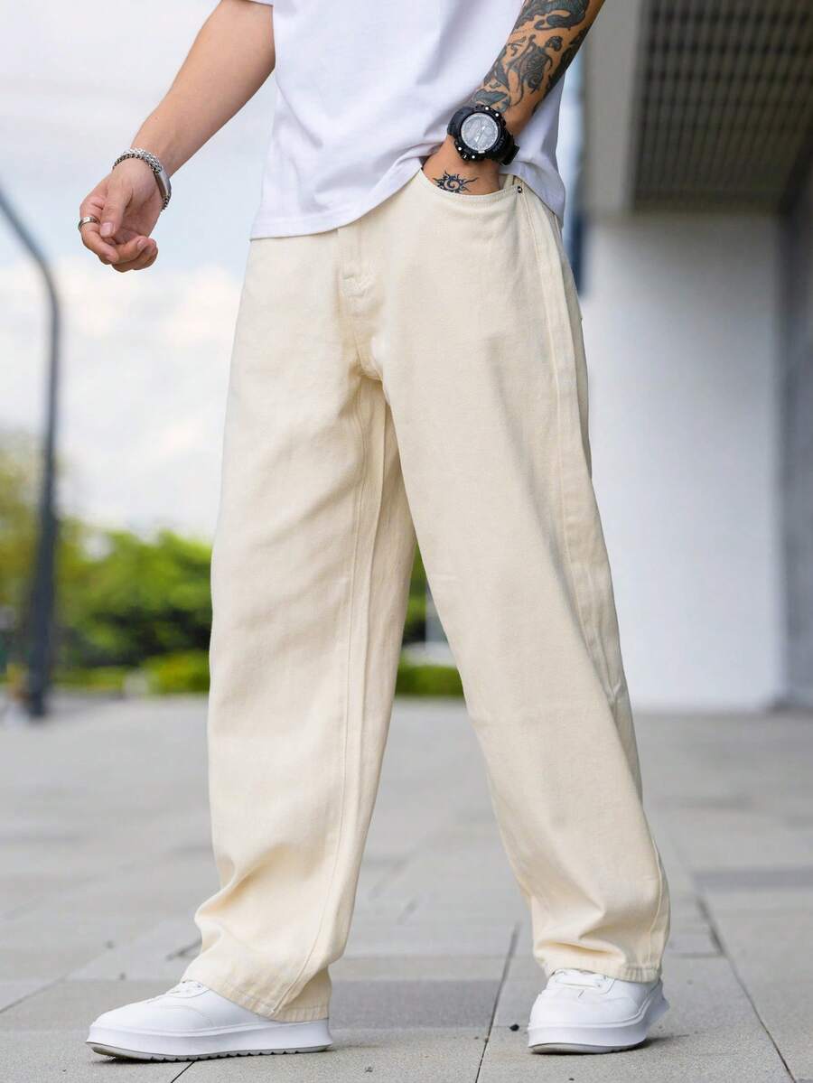 QuarKem Men Slant Pocket Loose Fit Jeans Plain Long Washed Baggy Cargo Light For Husband, Boyfriend Gifts Hang Urban Commute Vacation - Apricot - View 1