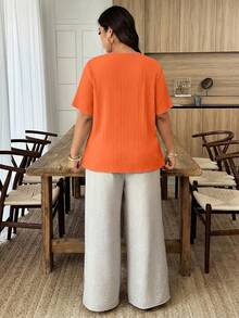 Weeklong Blusa holgada de manga corta con volantes y parches florales para mujer talla grande, primavera/verano - Naranja - Ver 2