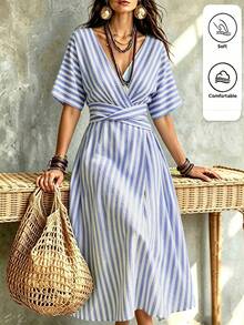 EMERY ROSE Vestido de rayas verticales para mujer de talla grande, vestido de lino azul para vacaciones en la playa - Azul - Ver 3