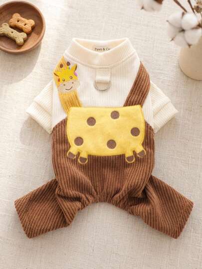 PETSIN 1pc Pet Four Legged Overalls, Cat And Dog Universal Clothes, Cute Embroidered Cartoon Giraffe Jumpsuit, Suitable For Home Leisure And Outdoor Strolling