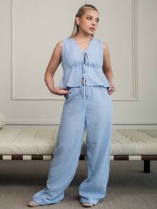 Ximena Robles Ximena Robles European & American Style Summer New Pink Stripe Drawstring Simple Casual Straight Leg Pants, Women 2 Pieces Set Elegant - Blue - View 1
