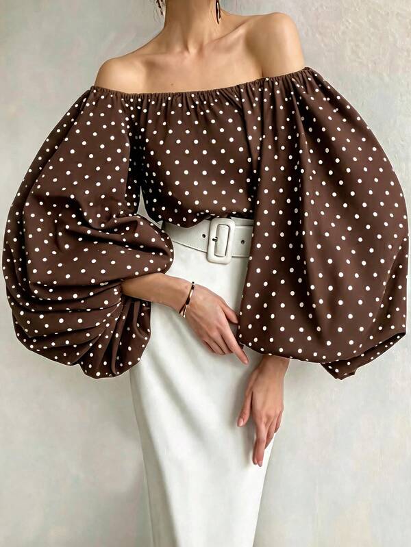 SHEIN PariChic Women's French Vintage Polka Dot Off-Shoulder Blouse, Commuter Elegant Style With Large Puff Sleeves, Classic Brown Base With White Dot Print, Loose Lantern Sleeve Design To Flatter Arms, Off-Shoulder Neckline To Show Collarbones, Versatile For Daily Commute, Date, And Travel, Pairs Well With Skirts, High-Waist Pants And More
