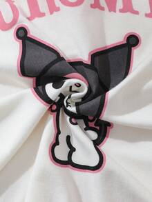 HELLO KITTY AND FRIENDS | SHEIN Setelan 2 potong: Kaos Lengan Pendek Leher Bulat Bergambar Kartun Lucu untuk Anak Perempuan dan Celana Pendek Longgar - Hitam dan Putih - View 8