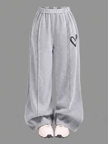 SHEIN Kids Tween Girl Casual Heart Print Knit Solid Color Loose Drop Shoulder Long Sleeve Sweatshirt & Pleated Wide Leg Sweatpants Set - Grey - View 4
