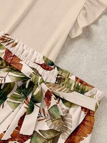 SHEIN LUNE Elegant Solid Color Ruffle Top And Printed Shorts 2 Pieces Set - Multicolor - View 5