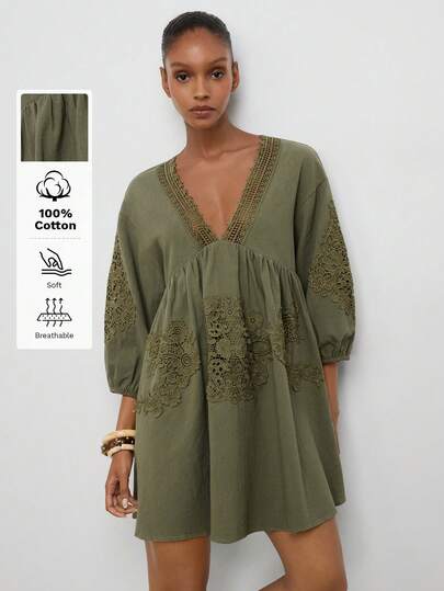 Maija Olive Green Women's Mini Dress Summer Fall V-Neck Lantern Sleeve Vacation Boho
