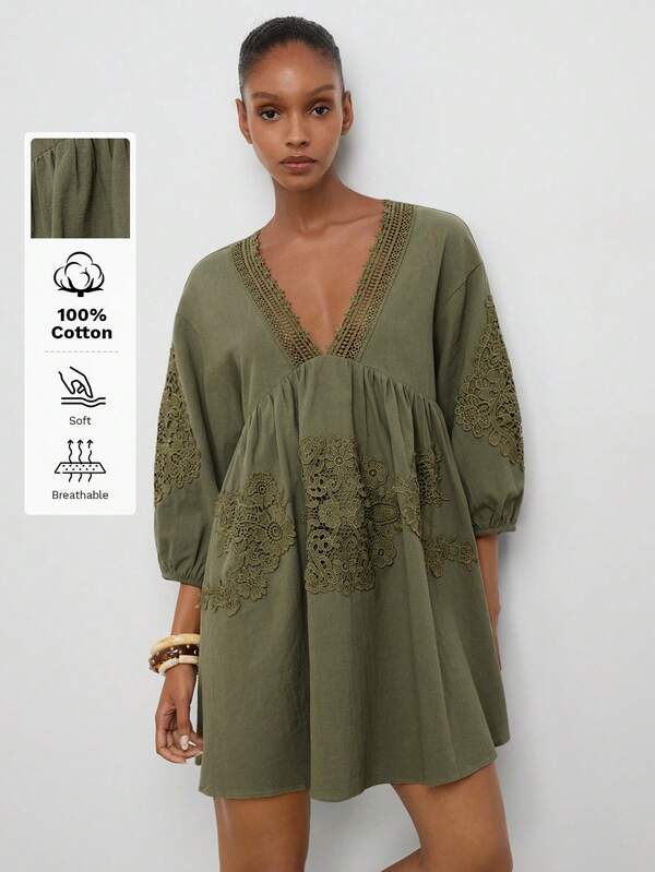 Maija Robe mini verte olive pour femmes, col en V, manches lanternes, été
