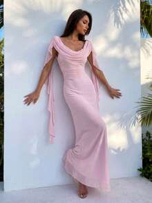 Firerie Women's Elegant Tropical Date Cocktail Casual Vacation Beach Afternoon Tea Light Pink Mesh Off-Shoulder Draped Ruffle Trim Tie-Waist A-Line Dress Summer,Graduation Dress,Wedding Guests - Pink - View 6