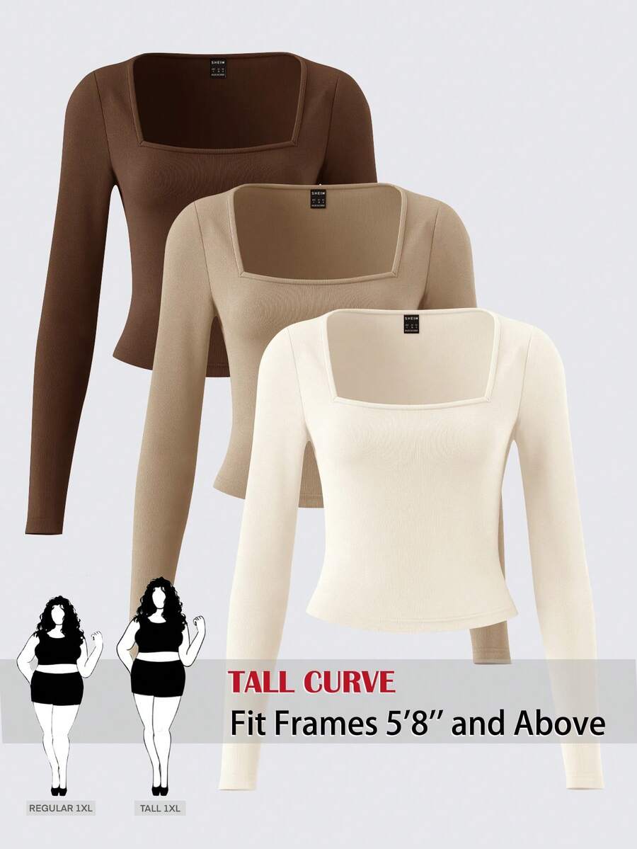 SHEIN Tall CURVE 3 قطع تي شيرت نسائي مقاس كبير بلون موحد وياقة مربعة بقصة ضيقة متعددة الاستخدامات للاستخدام اليومي بأكمام طويلة - متعدد الألوان - مشاهدة 1