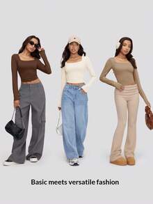 SHEIN Tall CURVE 3 قطع تي شيرت نسائي مقاس كبير بلون موحد وياقة مربعة بقصة ضيقة متعددة الاستخدامات للاستخدام اليومي بأكمام طويلة - متعدد الألوان - مشاهدة 9