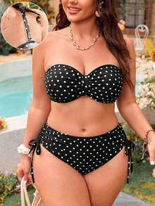 Swim Mod Plus Size Women 2pcs Random Polka Dot Print Casual Swimwear Set - Black and White - View 1