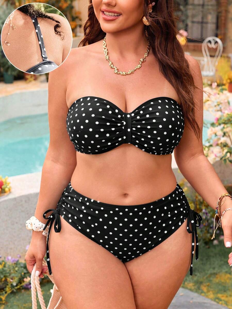 Swim Mod Plus Size Women 2pcs Random Polka Dot Print Casual Swimwear Set - Black and White - View 1
