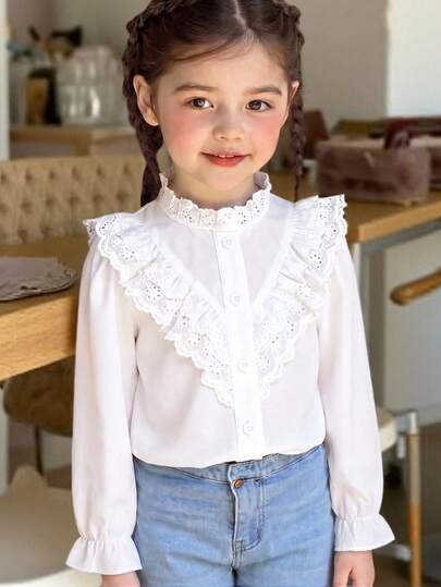 New Fashion Sweet Lace Collar White Long Sleeve Blouse For Young Girl, Versatile Baby Undershirt, Fall, Back To School, Elegant, Floral, Casual, Daily