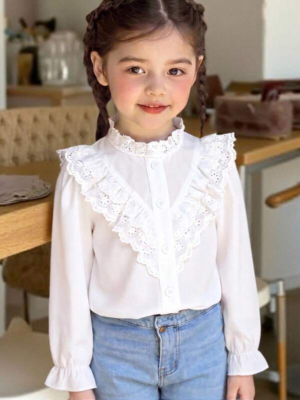 New Fashion Sweet Lace Collar White Long Sleeve Blouse For Young Girl, Versatile Baby Undershirt, Fall, Back To School, Elegant, Floral, Casual, Daily