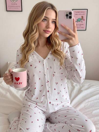 SHEIN Girls' Loose Fit Long Sleeve Long Pants Cardigan, Cute Sweet Minimalist Ditsy Floral With Lace Trim, Elegant Daily Wear Suitable For Home, Pajamas And Loungewear