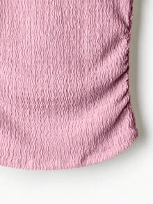 Nueva blusa de hombros descubiertos con textura, de manga corta ajustada y de moda para mujeres - Rosa - Ver 5