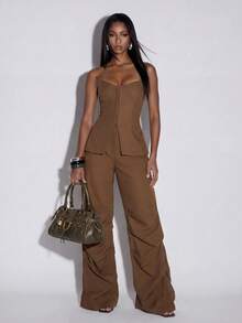 Normani Pantalon long décontracté polyvalent pour femme avec boutons, poches et plis - Tabac - Voir 5