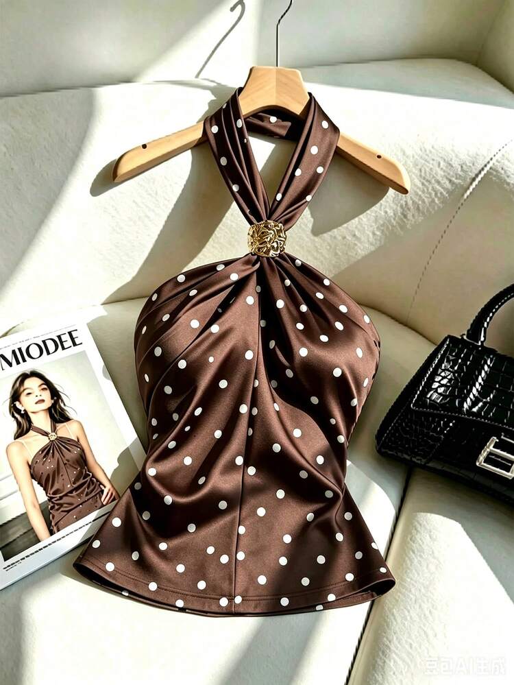 SHEIN Unity Spring/Summer Elegant Apricot With Black Polka Dot Ruched Slimming Spaghetti Strap Strap Spaghetti Strap Backless Top - Coffee Brown - View 3