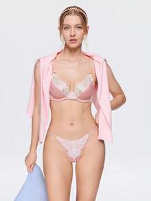 Bonmuse Women's Satin Lace Lingerie Set, Underwire Bra And Thong, Sweet Floral Eyelash Lace Lingerie - Pink - View 8
