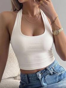 Joudiya ملابس علوية نسائية بلون موحد بقصة ضيقة وحمالة عنق للصيف، توب بدون أكمام رقيق - بيج - مشاهدة 3