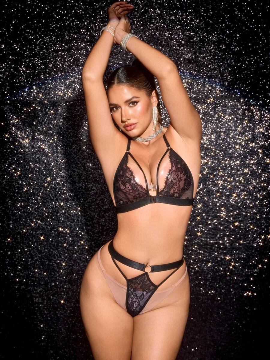 MidnightGlam 2件組女性性感蕾絲內衣套裝 - 黑色 - 查看 1