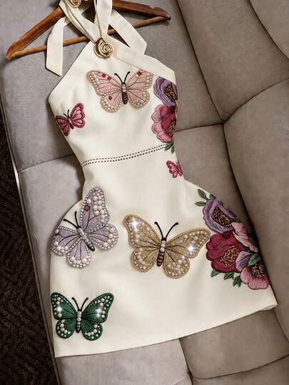 SHEIN Franclia Women's Off-White Printed Digital Back Tie Lace-Up Elegant Wedding Casual Versatile 2026 Summer Dress Short Bodycon Sexy Butterfly Pattern Home Beach
