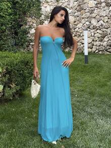 Ronhire Vestido Longo Fluido com Decote em V, Sem Alças e Decote Profundo para Mulheres, Azul Petróleo, Casual de Verão, Férias e Férias, Vestido de Praia Boêmio Elegante em Linha A para Festa e Balada - Azul menta - Visão 6