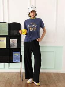 Chillnights Top de pijama de manga corta casual para uso diario en casa con estampado de letras & cerezas para mujer - Azul Marino - Ver 5