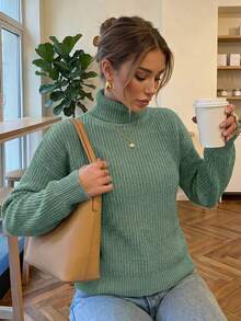 SHEIN Cottnline Women's Solid High Neck Dropped Shoulder Loose Casual Sweater, Autumn/Winter,Long Sleeve Tops, Knit Pullover Fall - Olive Green - View 5