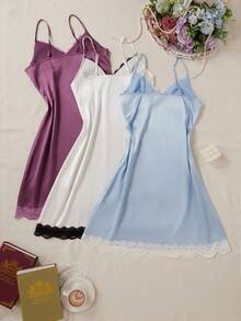 SilkySpell 3件組 性感優雅純色緞面蕾絲飾邊細肩帶睡裙 Babydoll 套裝 奢華居家服 新婚蜜月睡衣 紫色 水藍色 白色 夏季 - 彩色 - 查看 2