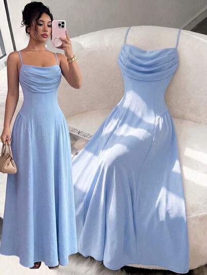 Elenzga Vestido elegante de tirantes finos con cintura ceñida y corte A para invitada de boda y fiesta de verano, azul claro, romántico y exquisito para mujer