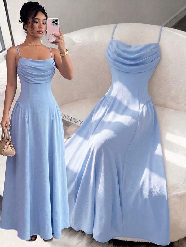 Elenzga Vestido elegante de tirantes finos con cintura ceñida y corte A para invitada de boda y fiesta de verano, azul claro, romántico y exquisito para mujer