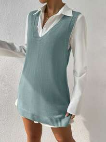EURMUSE V-Neck Solid Color Casual Versatile Ribbed Knit Sweater Vest - Green - View 7
