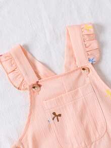 SHEIN Vintaside Kids 女嬰粉色蝴蝶結印花荷葉邊吊帶褲 2件套，附白色T恤，可愛寬鬆連身褲，幼兒嬰兒夏季套裝 - 粉色 - 查看 7