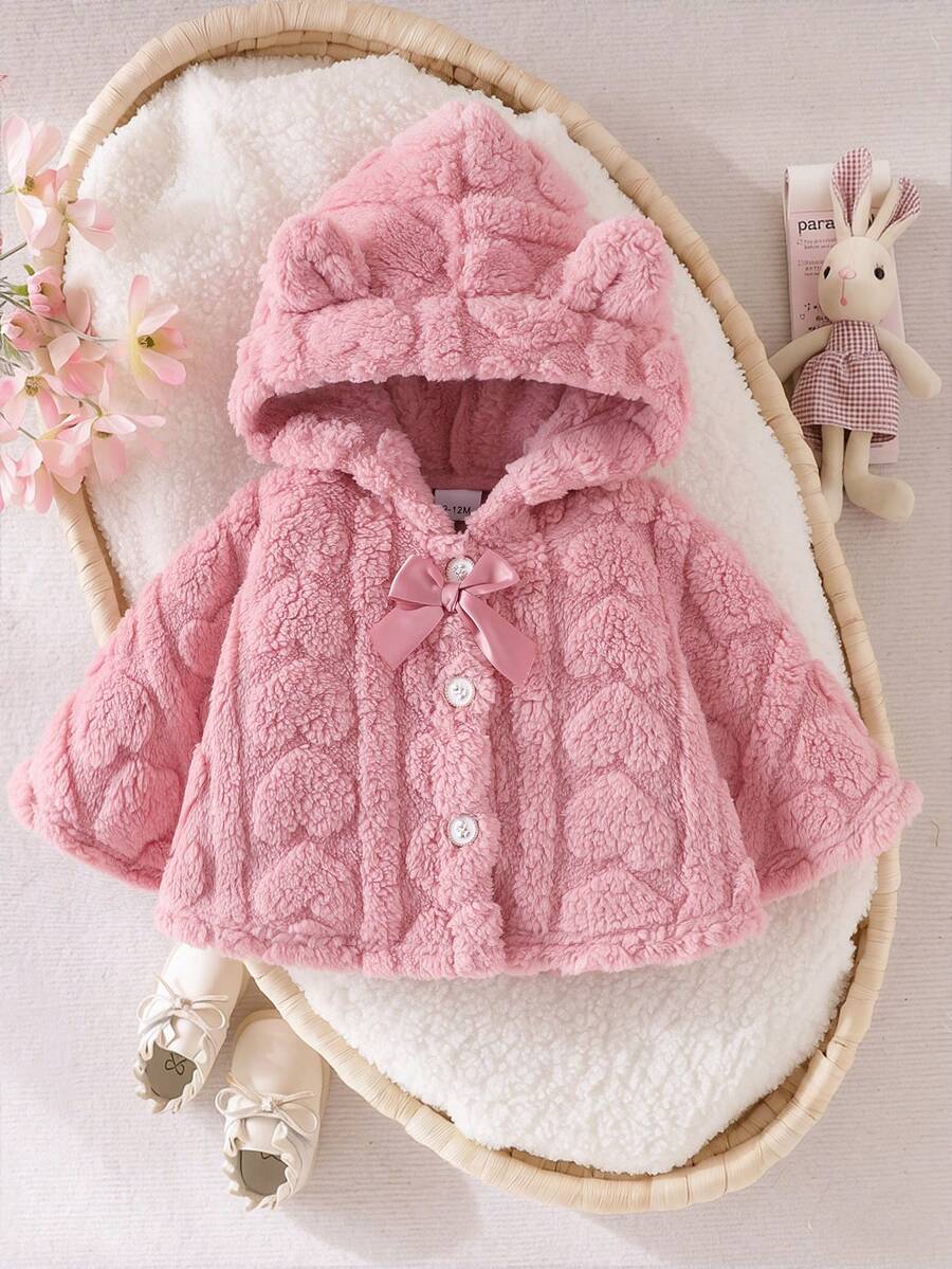SHEIN 2026新款女嬰毛茸茸披肩，秋冬可愛舒適粉色連帽熊耳珍珠鈕扣蝴蝶結裝飾甜美可愛嬰兒披肩